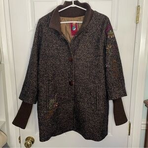 Vintage Long Wool Blend Grandma Brown Button Embroidered Coat Shacket Medium